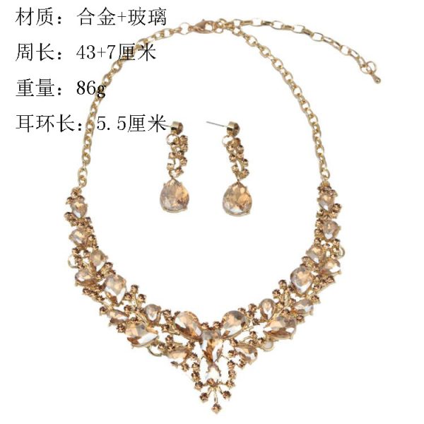 Cross-border e-commerce hot sale European and American fashion crystal necklace earrings set bridal wedding jewelry women's jewelry wholesale