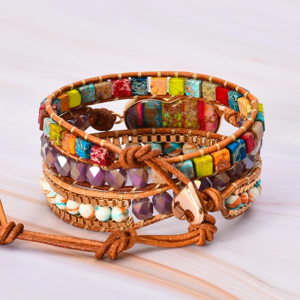 Romantic 7 color imperial stone leather wrap bracelet mixed stone heart shape 3 strand winding bracelet classic jewelry