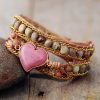 red pattern heart-shaped winding bracelet stone hand-woven 3-layer leather chain fashion jewelry