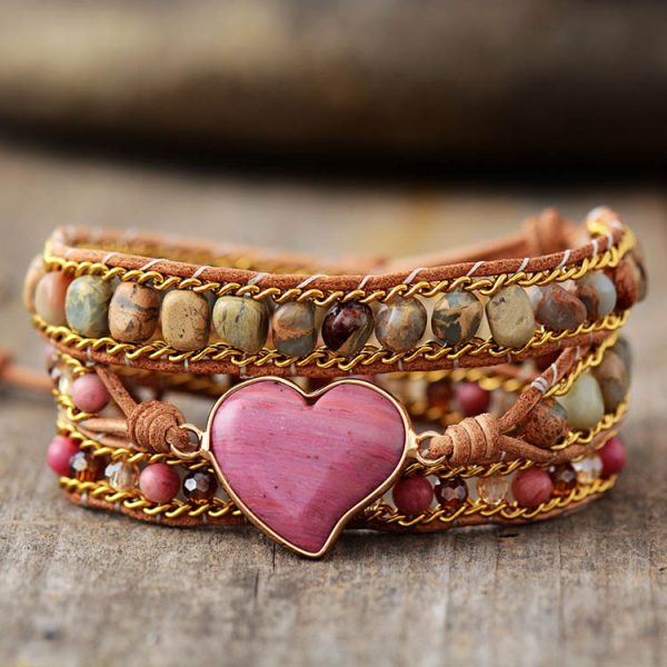 red pattern heart-shaped winding bracelet stone hand-woven 3-layer leather chain fashion jewelry