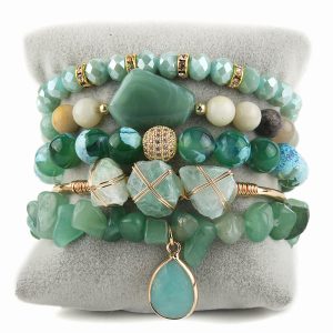 Bohemian Stack Bracelet Natural Stone Glass Mixed Gravel Bracelet 5PCS Women's Bracelet Set