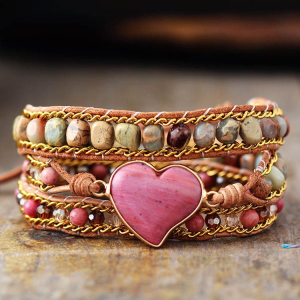 red pattern heart-shaped winding bracelet stone hand-woven 3-layer leather chain fashion jewelry