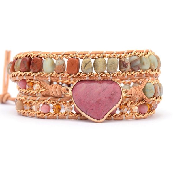red pattern heart-shaped winding bracelet stone hand-woven 3-layer leather chain fashion jewelry