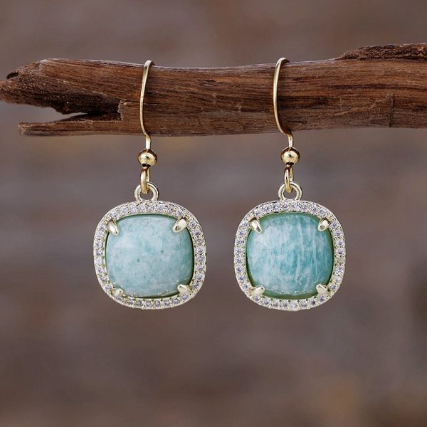Natural stone square inlaid zirconium earrings, ear hooks, fashionable accessories, earrings