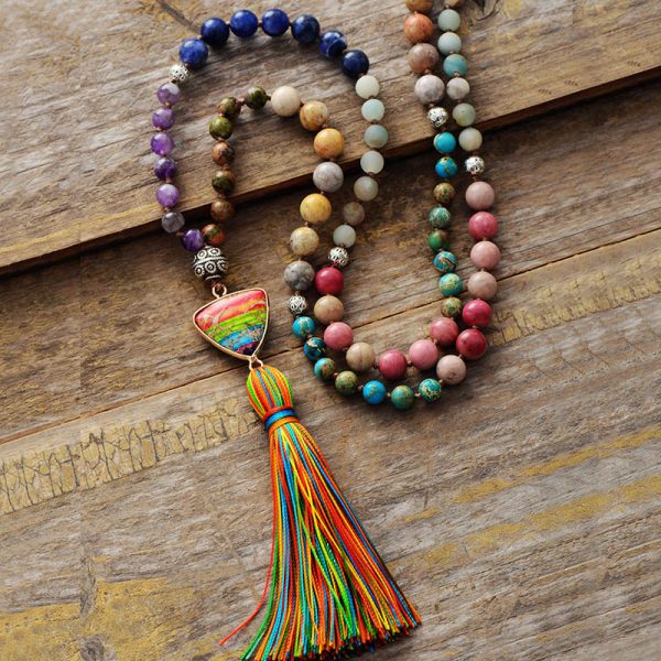 Hot selling 7-color Chakra natural stone knot pendant tassel necklace, high-quality popular accessory