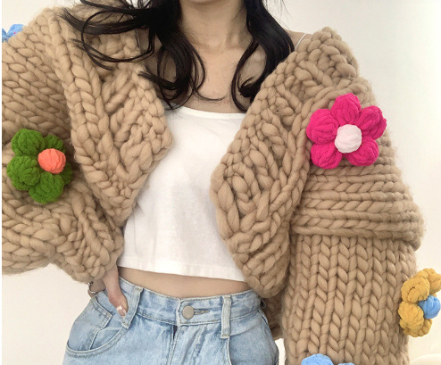 Handmade Three-dimensional Flower Lantern Sleeve Loose Sweater Coat