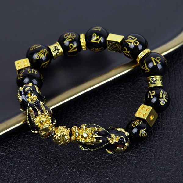 Men Lucky Black Pixiu Gold Obsidian Bracelet