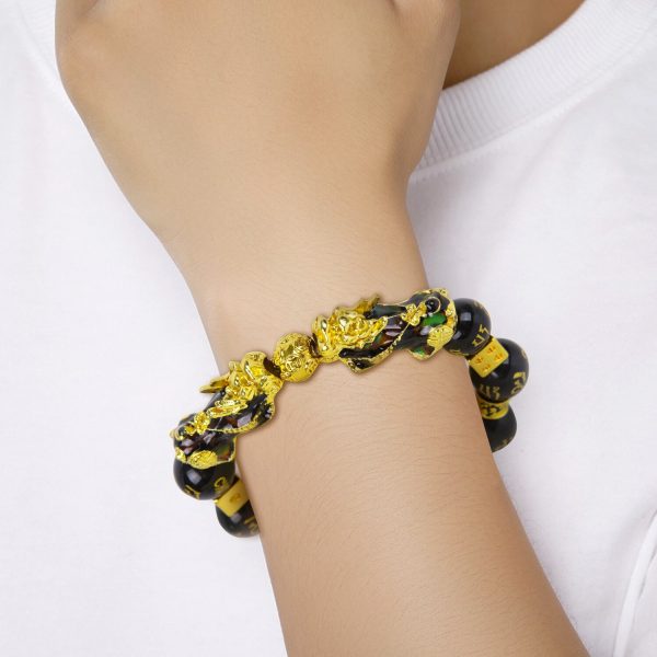 Men Lucky Black Pixiu Gold Obsidian Bracelet